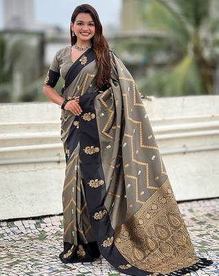 grey soft silk saree with zari woven work 1