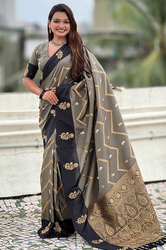 Grey soft silk zari weaving saree with matching blouse piece