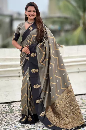 Grey soft silk zari weaving saree with matching blouse piece