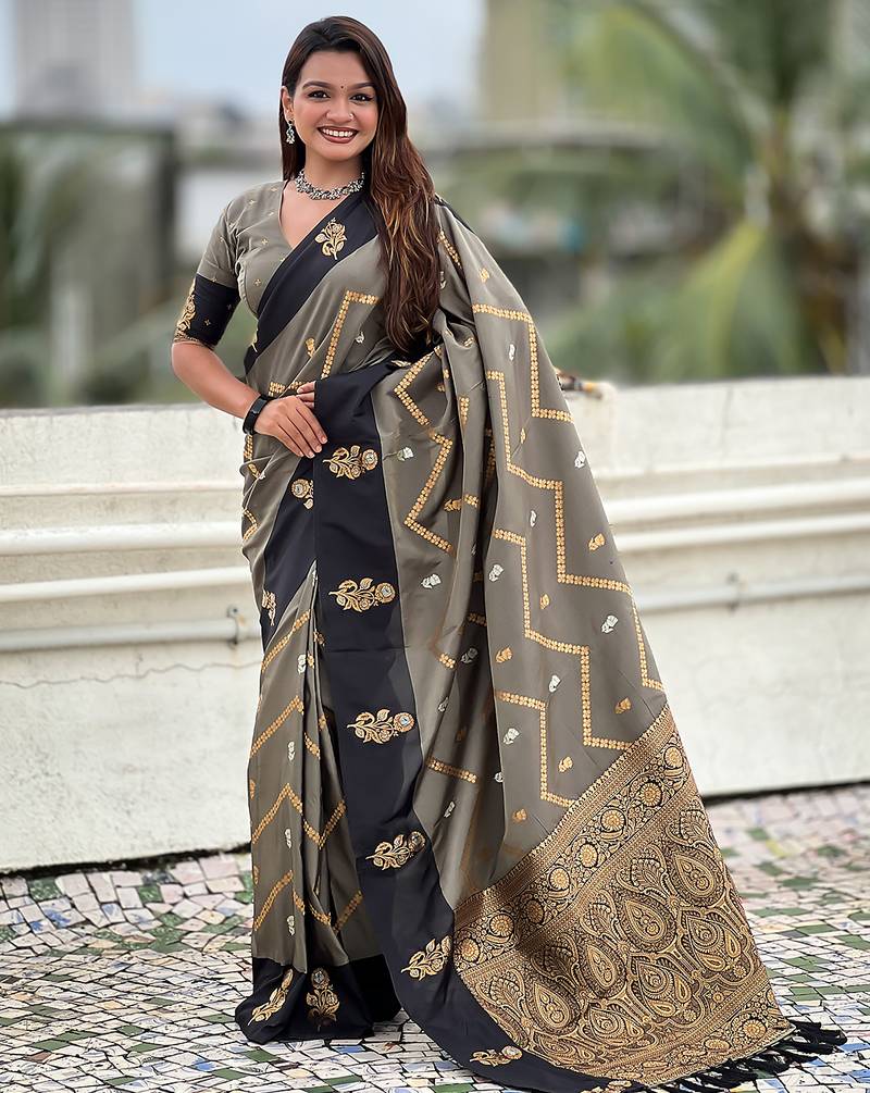 Grey soft silk zari weaving saree with matching blouse piece