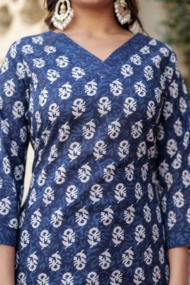 Navy blue floral block print cotton straight kurta set with dupatta 5