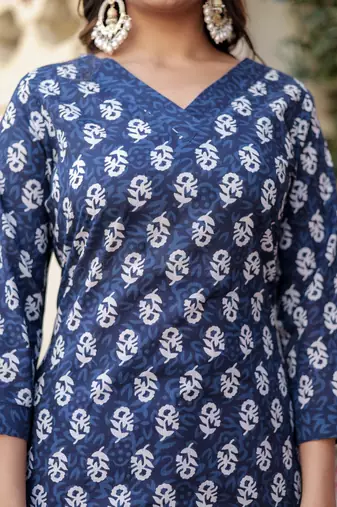 Navy blue floral block print cotton straight kurta set with dupatta