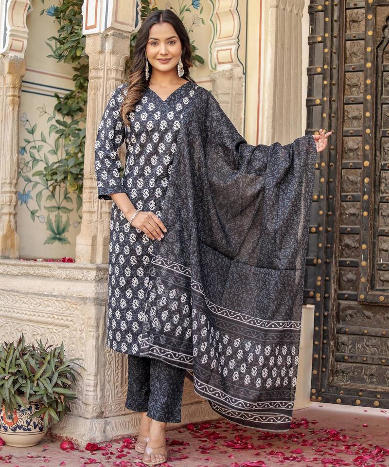 Black floral block print cotton straight kurta set with dupatta