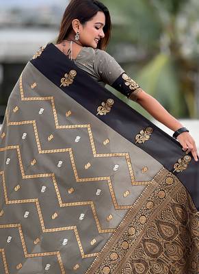 grey soft silk saree with zari woven work 2