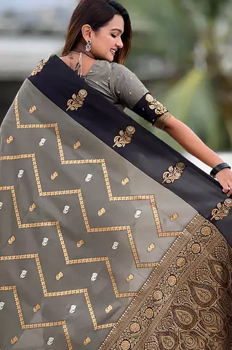 grey soft silk saree with zari woven work