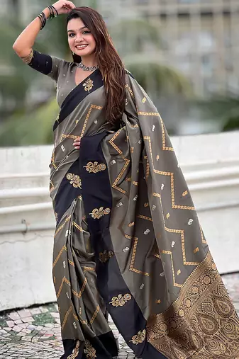 grey soft silk saree with zari woven work