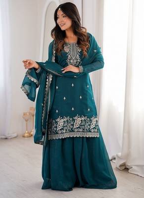 Teal green embroidered sequins thread zari work soft crunchy silk fully stitched kurta sharara set 1