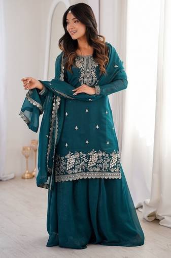 Teal green embroidered sequins thread zari work soft crunchy silk fully stitched kurta sharara set