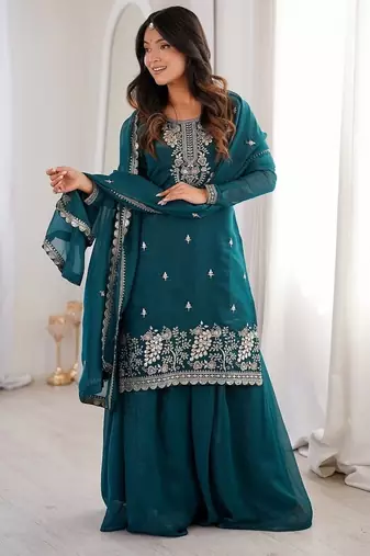Teal green embroidered sequins thread zari work soft crunchy silk fully stitched kurta sharara set
