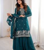 Teal green embroidered sequins thread zari work soft crunchy silk fully stitched kurta sharara set