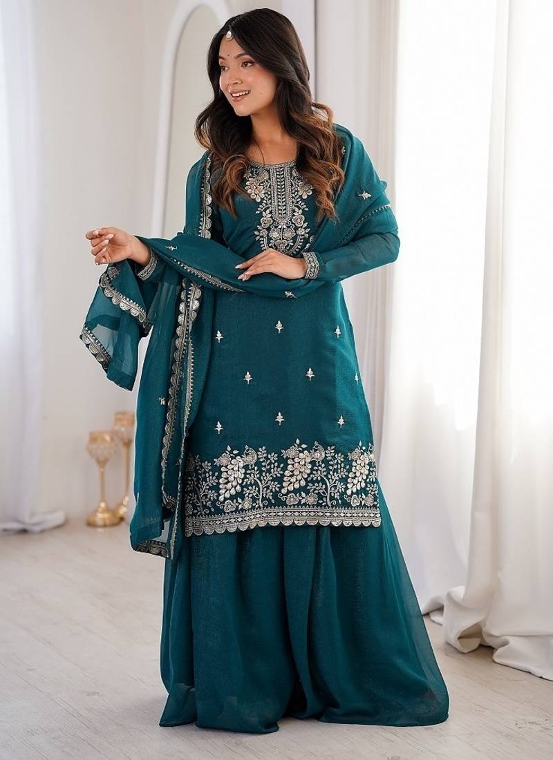 Teal green embroidered sequins thread zari work soft crunchy silk fully stitched kurta sharara set