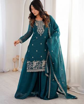 Teal green embroidered sequins thread zari work soft crunchy silk fully stitched kurta sharara set 2