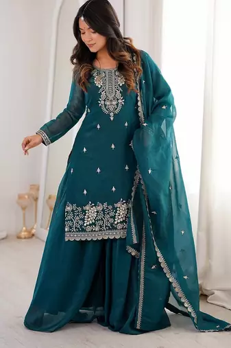 Teal green embroidered sequins thread zari work soft crunchy silk fully stitched kurta sharara set