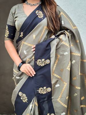 grey soft silk saree with zari woven work 4