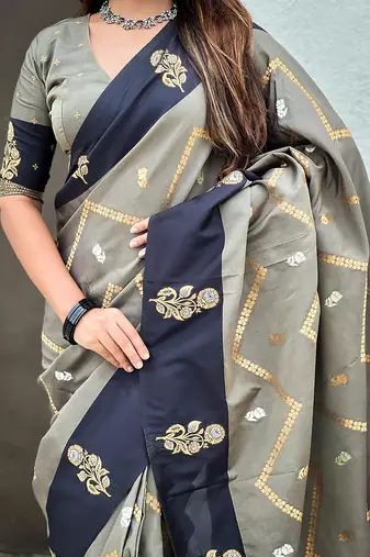 grey soft silk saree with zari woven work