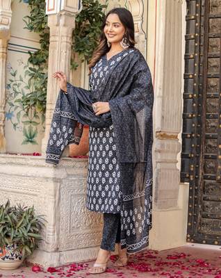 Black floral block print cotton straight kurta set with dupatta 3
