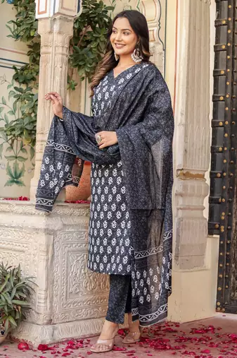 Black floral block print cotton straight kurta set with dupatta