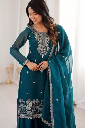 Teal green embroidered sequins thread zari work soft crunchy silk fully stitched kurta sharara set