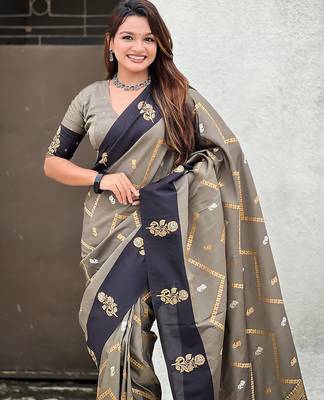 grey soft silk saree with zari woven work 5