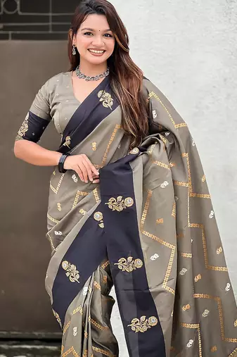 grey soft silk saree with zari woven work