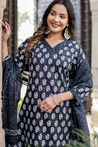 Black floral block print cotton straight kurta set with dupatta