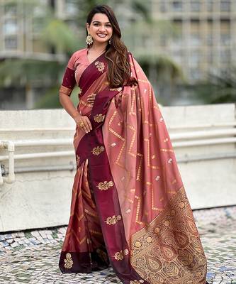peach soft silk saree with zari woven work 1