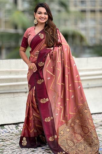 Peach soft silk zari weaving saree with matching blouse piece