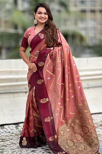 Peach soft silk zari weaving saree with matching blouse piece
