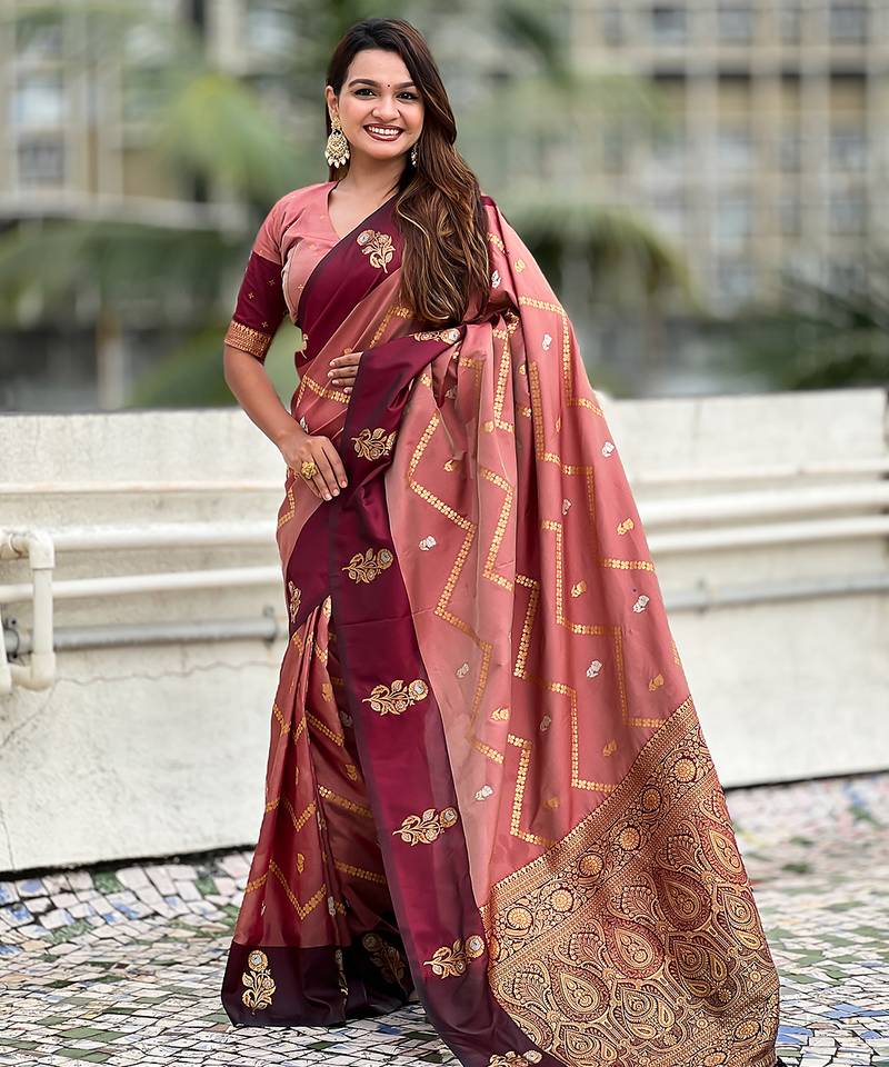 Peach soft silk zari weaving saree with matching blouse piece