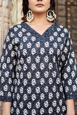 Black floral block print cotton straight kurta set with dupatta 5