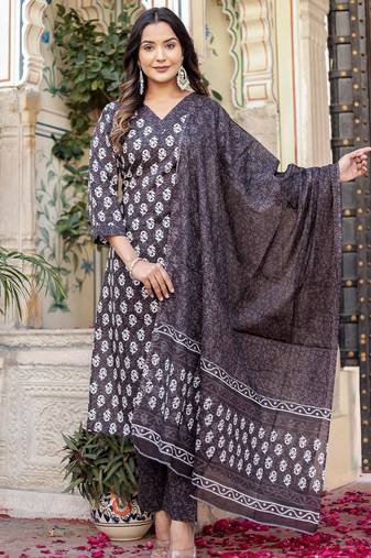 Grey floral block print cotton straight kurta set with dupatta