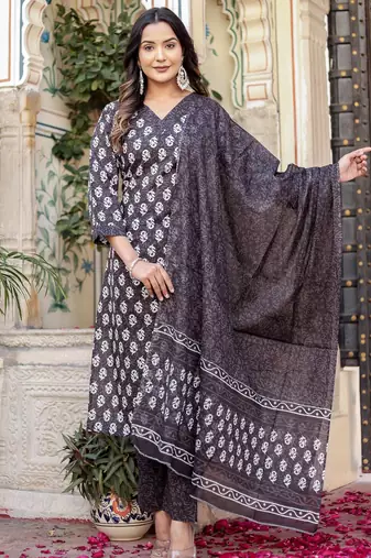 Grey floral block print cotton straight kurta set with dupatta