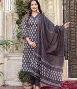 Grey floral block print cotton straight kurta set with dupatta
