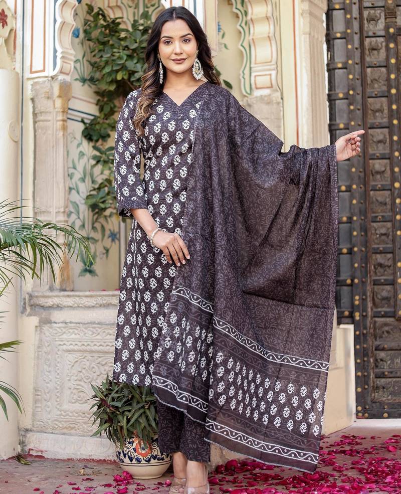Grey floral block print cotton straight kurta set with dupatta