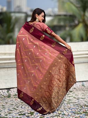 peach soft silk saree with zari woven work 2