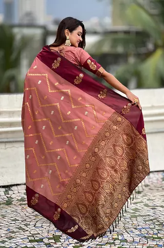 peach soft silk saree with zari woven work