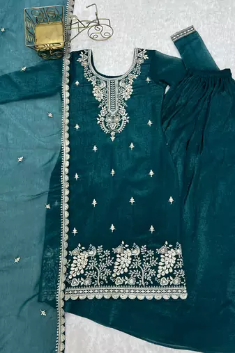 Teal green embroidered sequins thread zari work soft crunchy silk fully stitched kurta sharara set