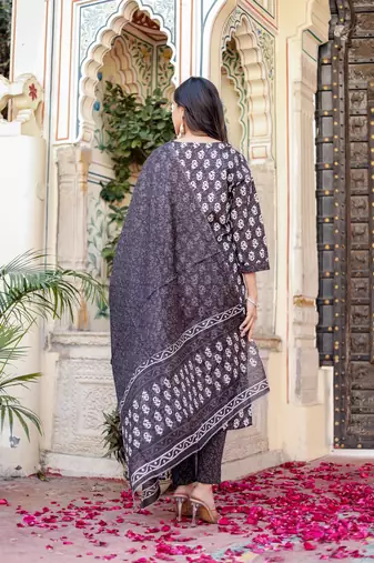 Grey floral block print cotton straight kurta set with dupatta
