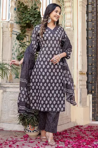 Grey floral block print cotton straight kurta set with dupatta