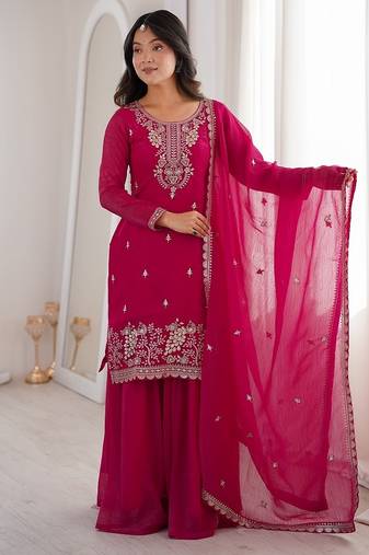 Rani pink embroidered sequins thread zari work soft crunchy silk fully stitched kurta sharara set