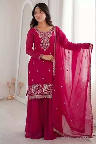 Rani pink embroidered sequins thread zari work soft crunchy silk fully stitched kurta sharara set