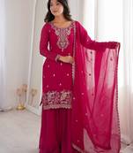 Rani pink embroidered sequins thread zari work soft crunchy silk fully stitched kurta sharara set
