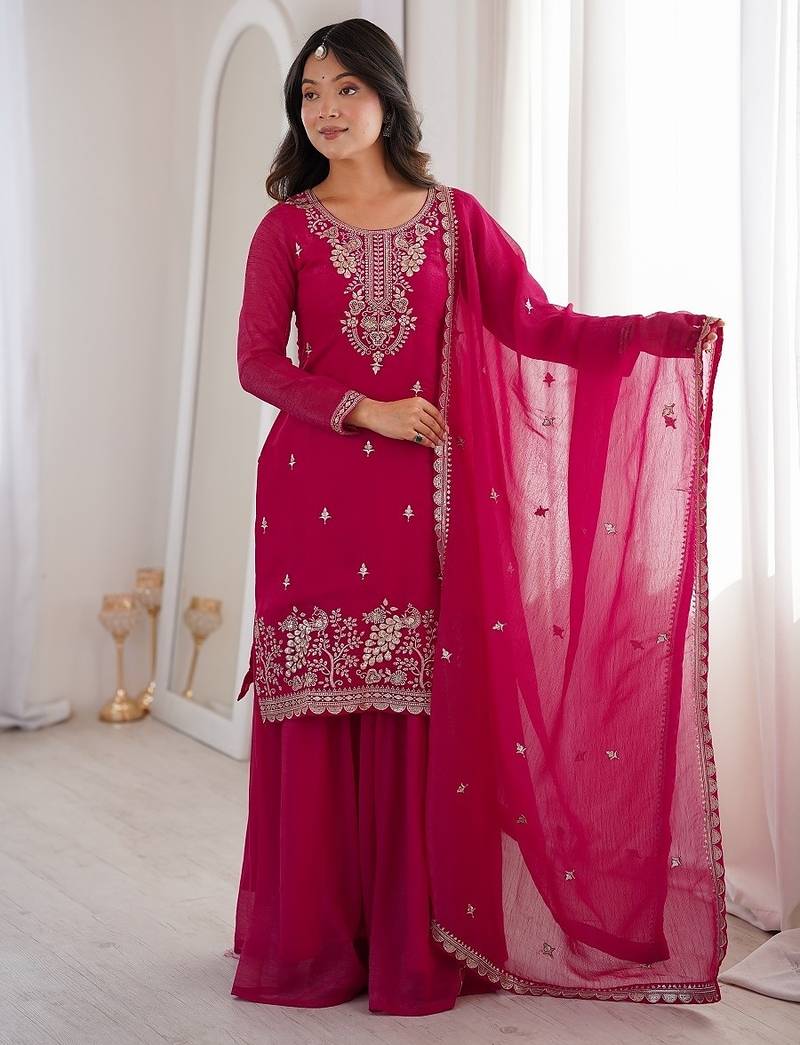 Rani pink embroidered sequins thread zari work soft crunchy silk fully stitched kurta sharara set
