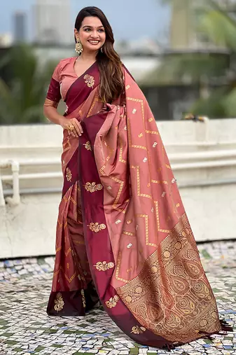 peach soft silk saree with zari woven work