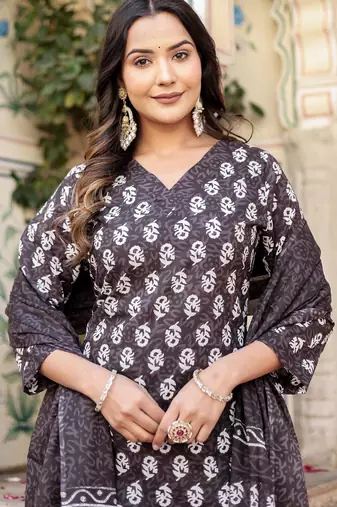 Grey floral block print cotton straight kurta set with dupatta