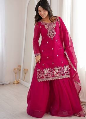 Rani pink embroidered sequins thread zari work soft crunchy silk fully stitched kurta sharara set 2
