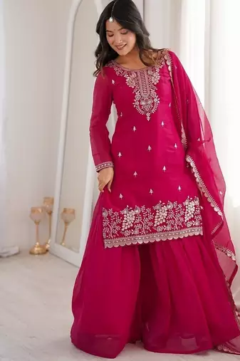 Rani pink embroidered sequins thread zari work soft crunchy silk fully stitched kurta sharara set