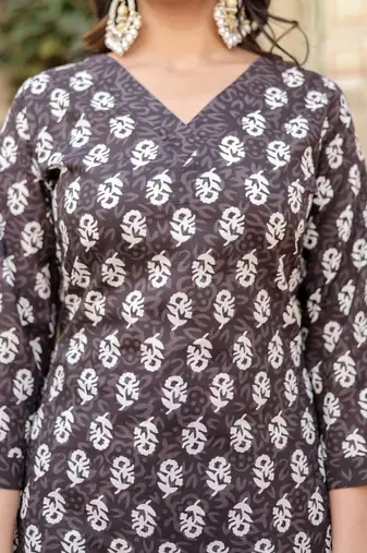 Grey floral block print cotton straight kurta set with dupatta