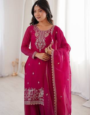 Rani pink embroidered sequins thread zari work soft crunchy silk fully stitched kurta sharara set 3