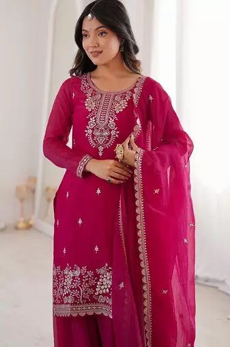 Rani pink embroidered sequins thread zari work soft crunchy silk fully stitched kurta sharara set